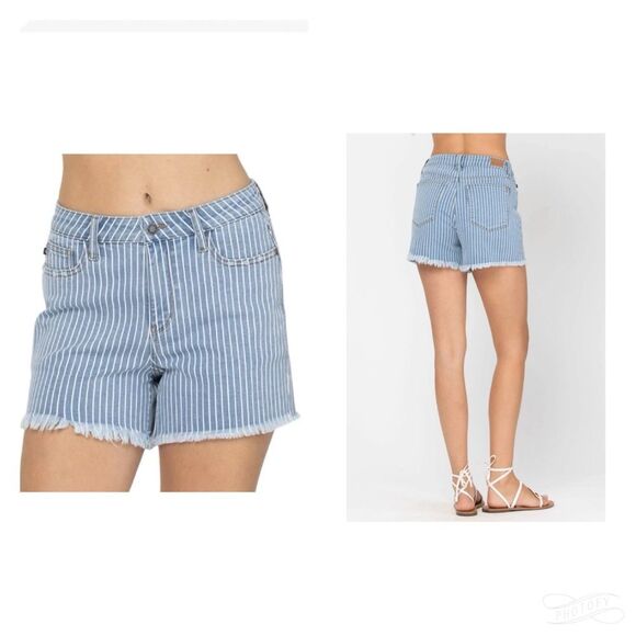 Judy Blue Striped Cutoff High Waist Denim Shorts Raw Hem Stretch JB150027 Sz 1X - Picture 3 of 12